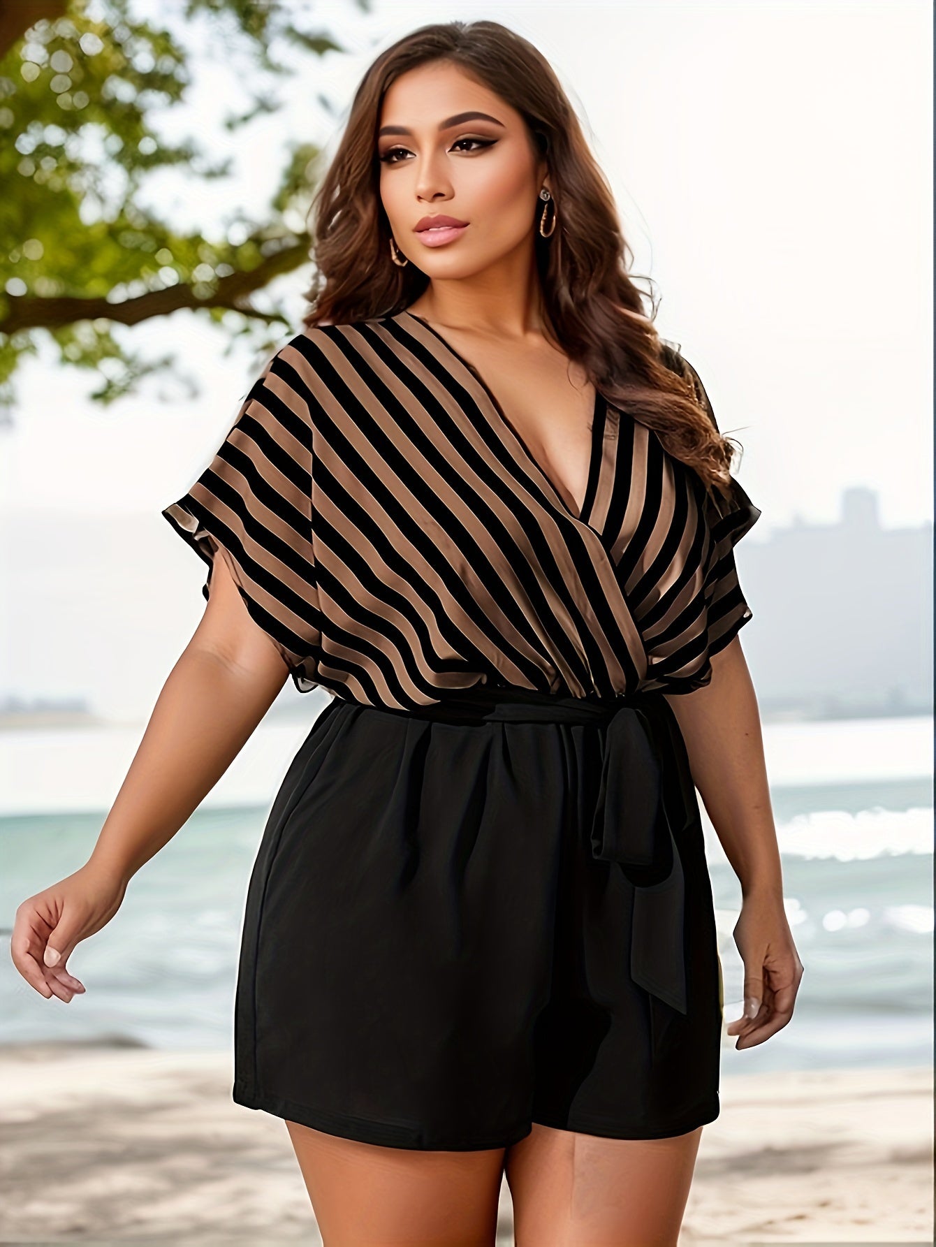 Conjunto de mono de punto de algodón de talla grande con escote en V para mujer, ropa de descanso para todas las estaciones