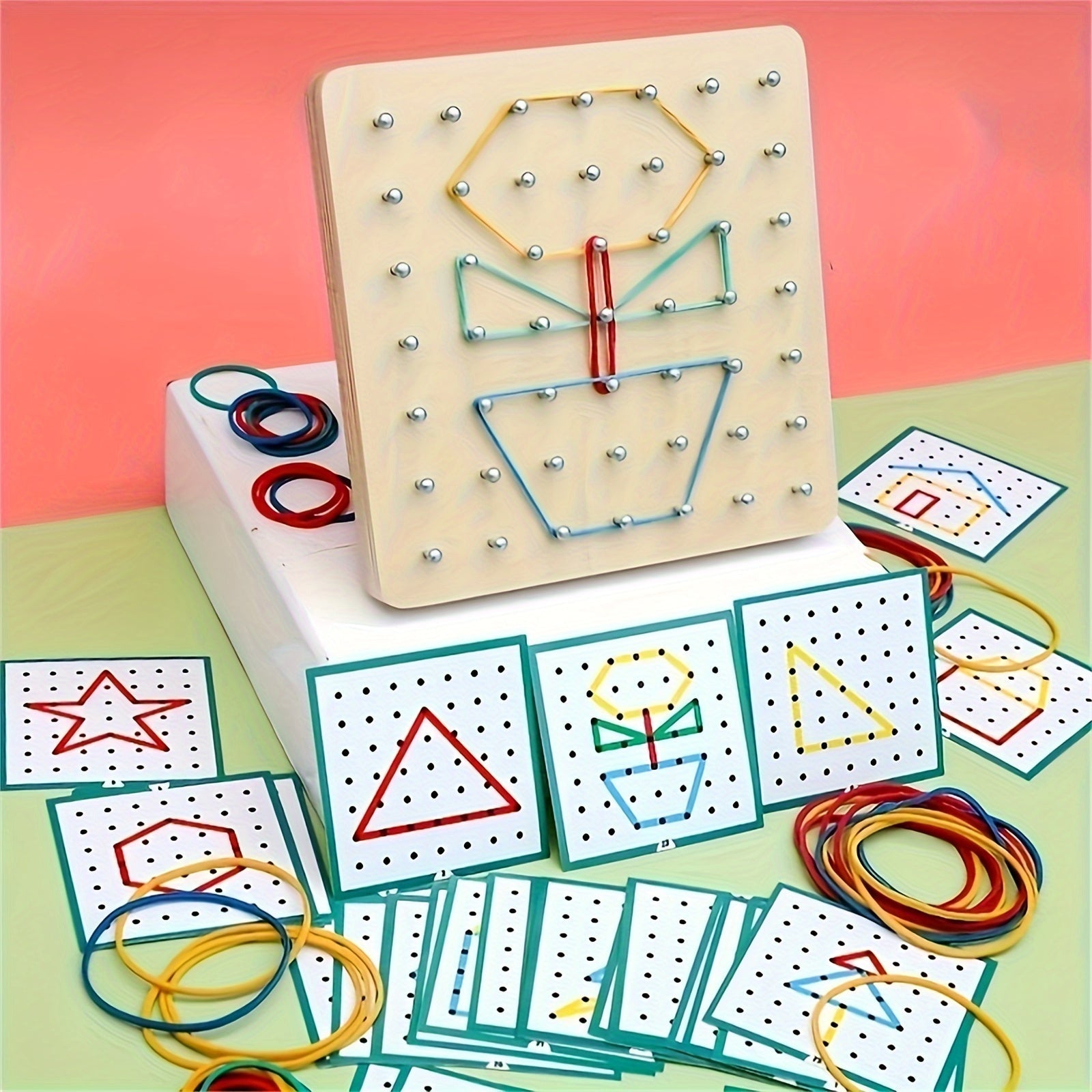 Educational Wooden Geometric Board Set for Kids Ages 3-6 with Pattern Cards and Rubber Bands