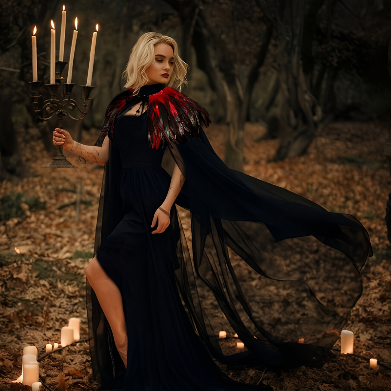 Evil Queen Witch Costume for Women with Feathered Cape Long Robe and Shawl