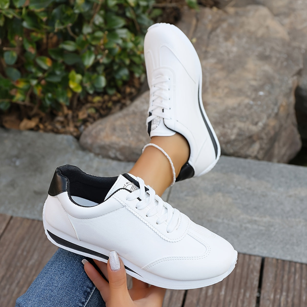 Women's White Synthetic Leather Casual Sneakers with Stability Support and Breathable Fabric Lining