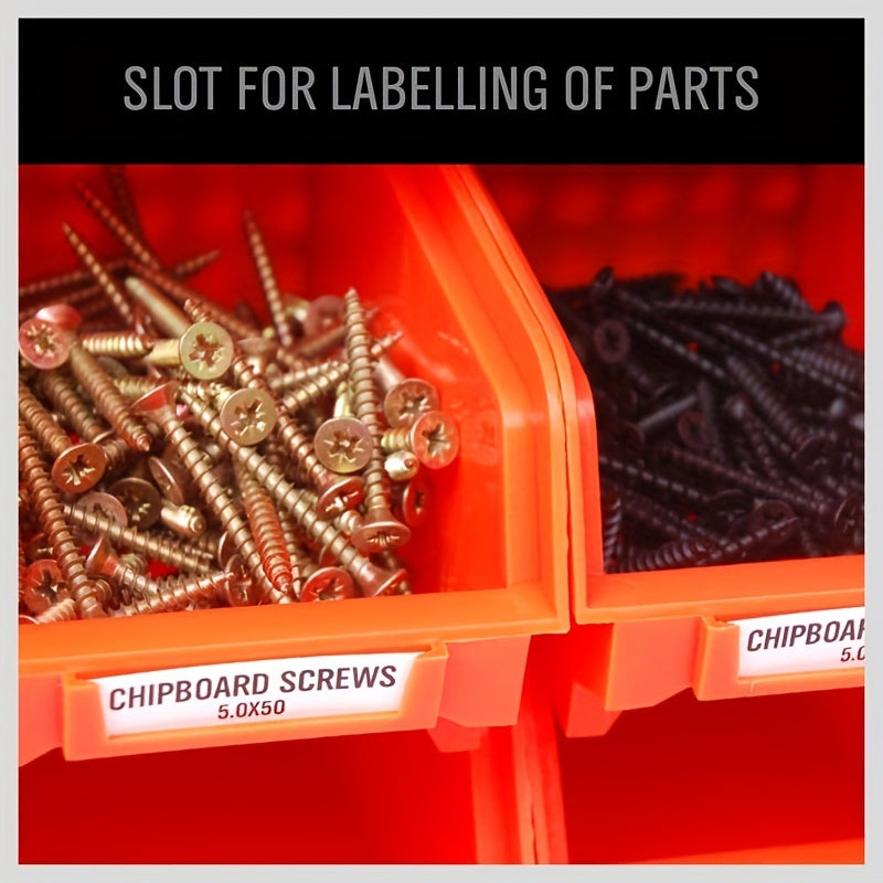 Wall-Mounted Storage Organizer with 30 Plastic Bins for Garage Tools in Blue Orange Red