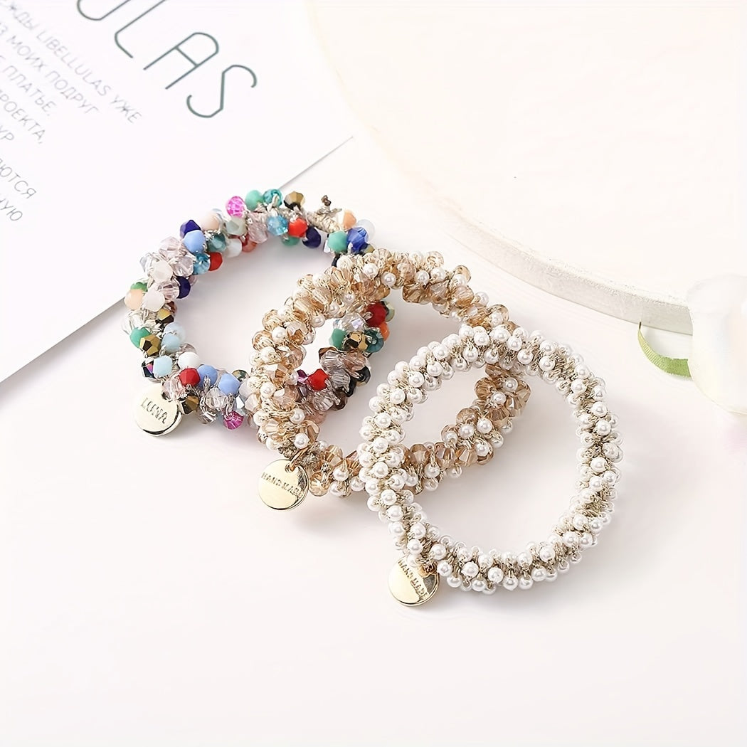 Women’s Elastic Hair Ties Set with Crystal Pearl Beaded Embellishments for Chic Ponytails and Bracelets