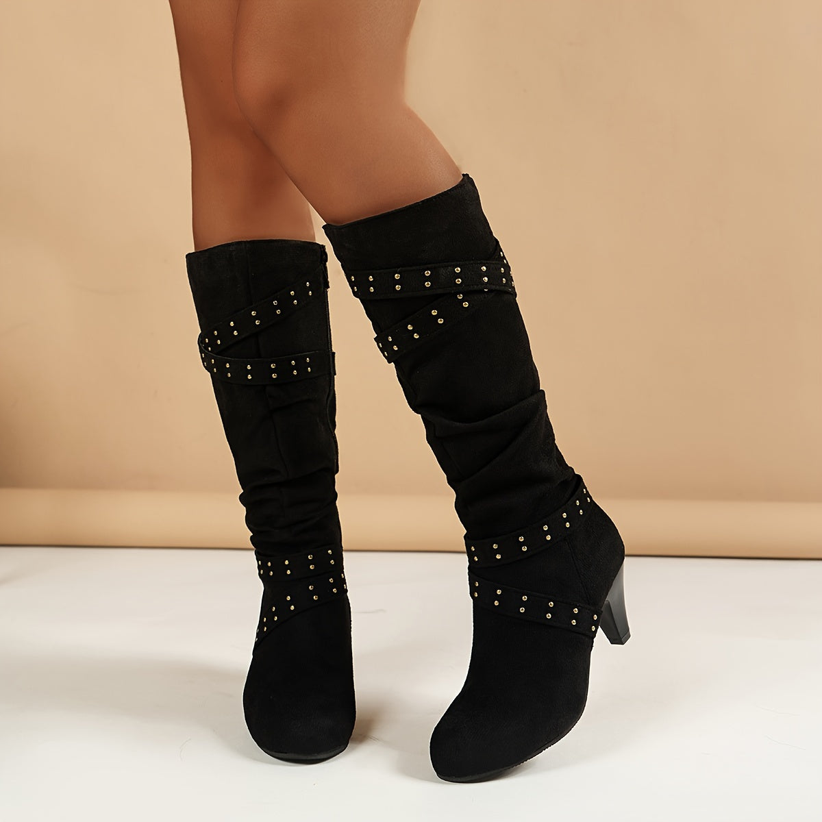 Women's Knee-High Studded Boots with Cone Heel and Zipper