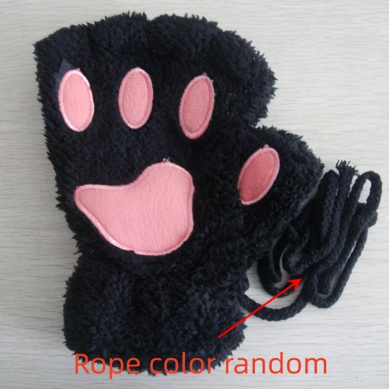 Cute Cat Claw Plush Gloves for Women Warm Fuzzy Half Finger Autumn Winter