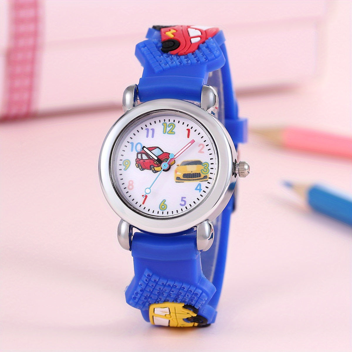 Kids Quartz Watch for Boys and Girls with Car Print, Blue, Non-Waterproof