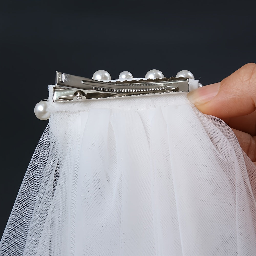 Bridal Hair Clip with Faux Pearl and Twin-Layer Veil for Women