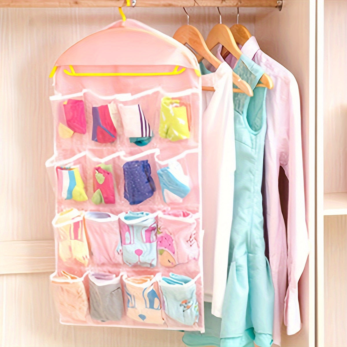 Vibrant 16-Pocket Hanging Organizer for Socks Underwear and Small Items Polyester Mesh