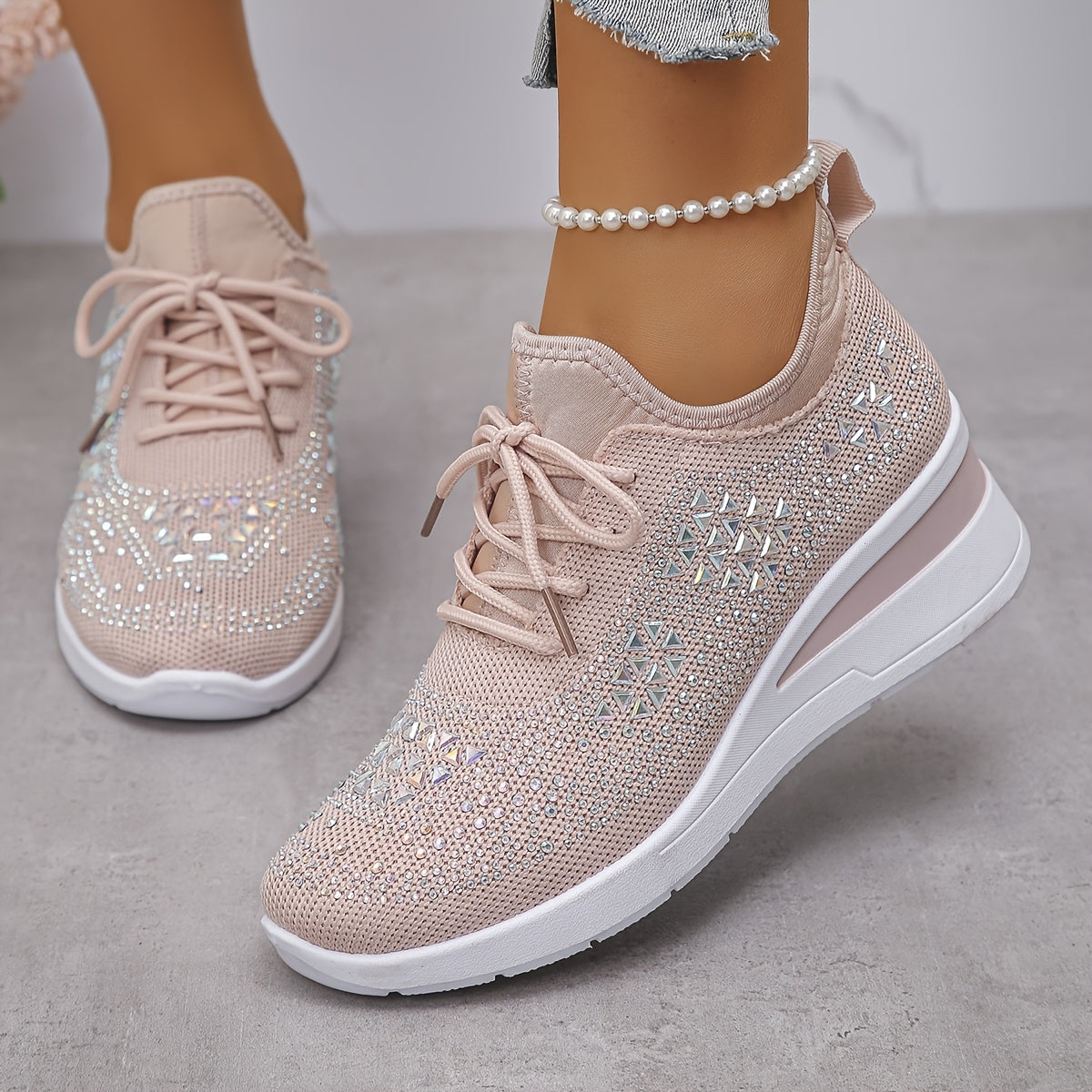 Women's Rhinestone Sneakers Black Casual Low-Top Lace-Up Comfort Footwear