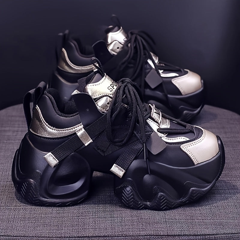 Women's Chunky Platform Sneakers White Pink Synthetic Lace-Up Shoes