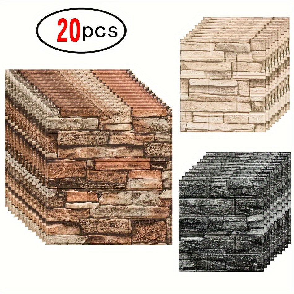 20 Self-Adhesive 3D Brick and Stone Vinyl Wall Stickers Waterproof for Living Rooms Bedrooms Offices