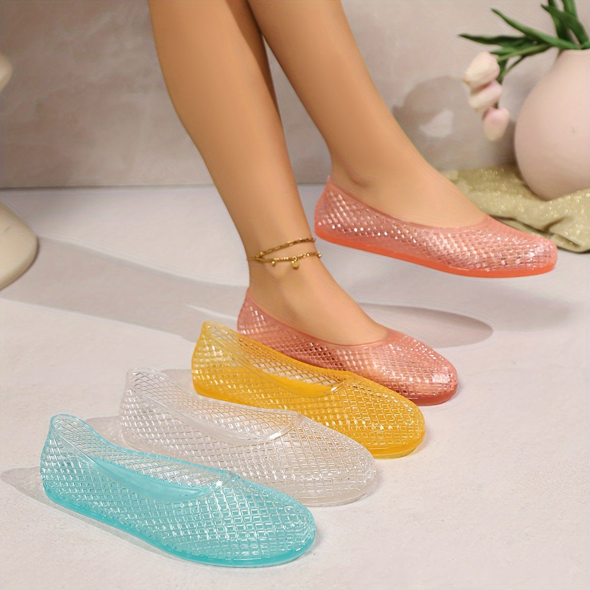 Women's Crystal Jelly Sandals Non-Slip Flat Beach Rain Shoes
