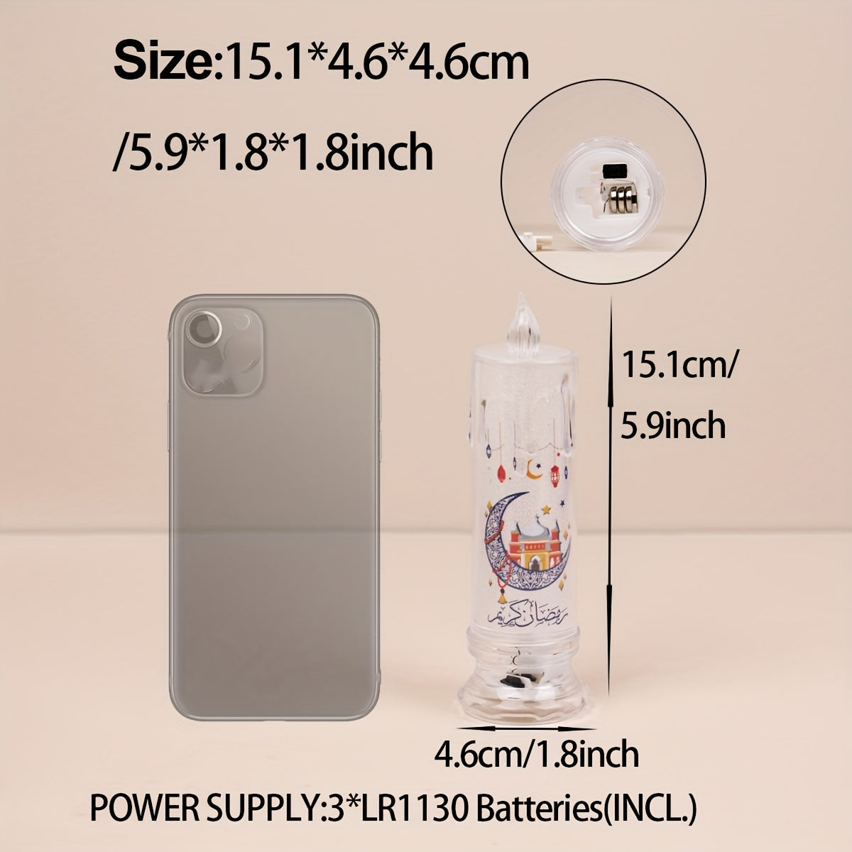 Ramazon bezaklari va bayram muhitini yaratish uchun batareyali LED sham, plastik materialdan tayyorlangan va tugma batareyasi bilan ishlaydi. Ramazon, yotoqxona, sahna rekvizitlari va bayram ta'minoti uchun ideal.