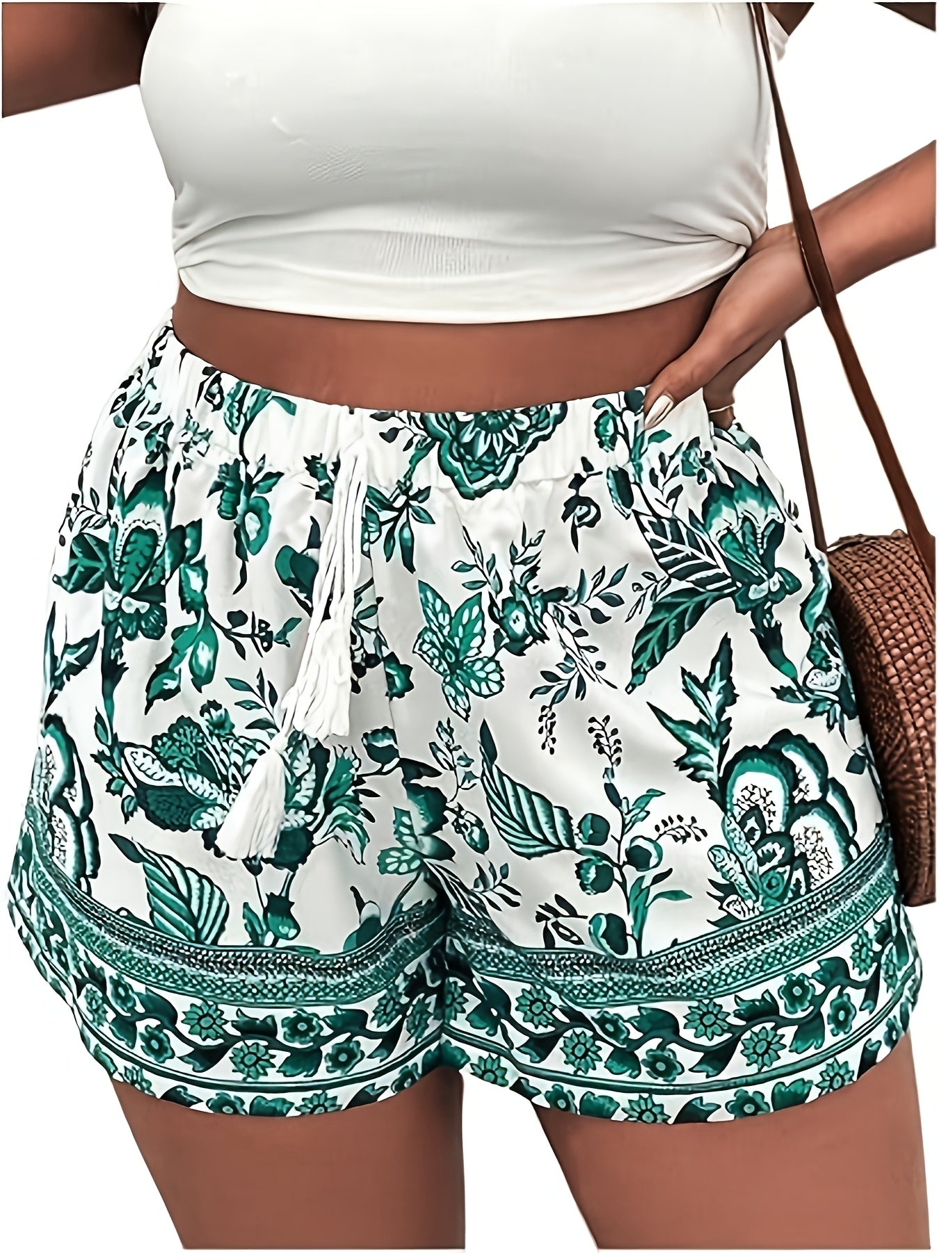 Women's Plus Size Bohemian Floral Print High-Waist Wide-Leg Shorts Blue White Summer