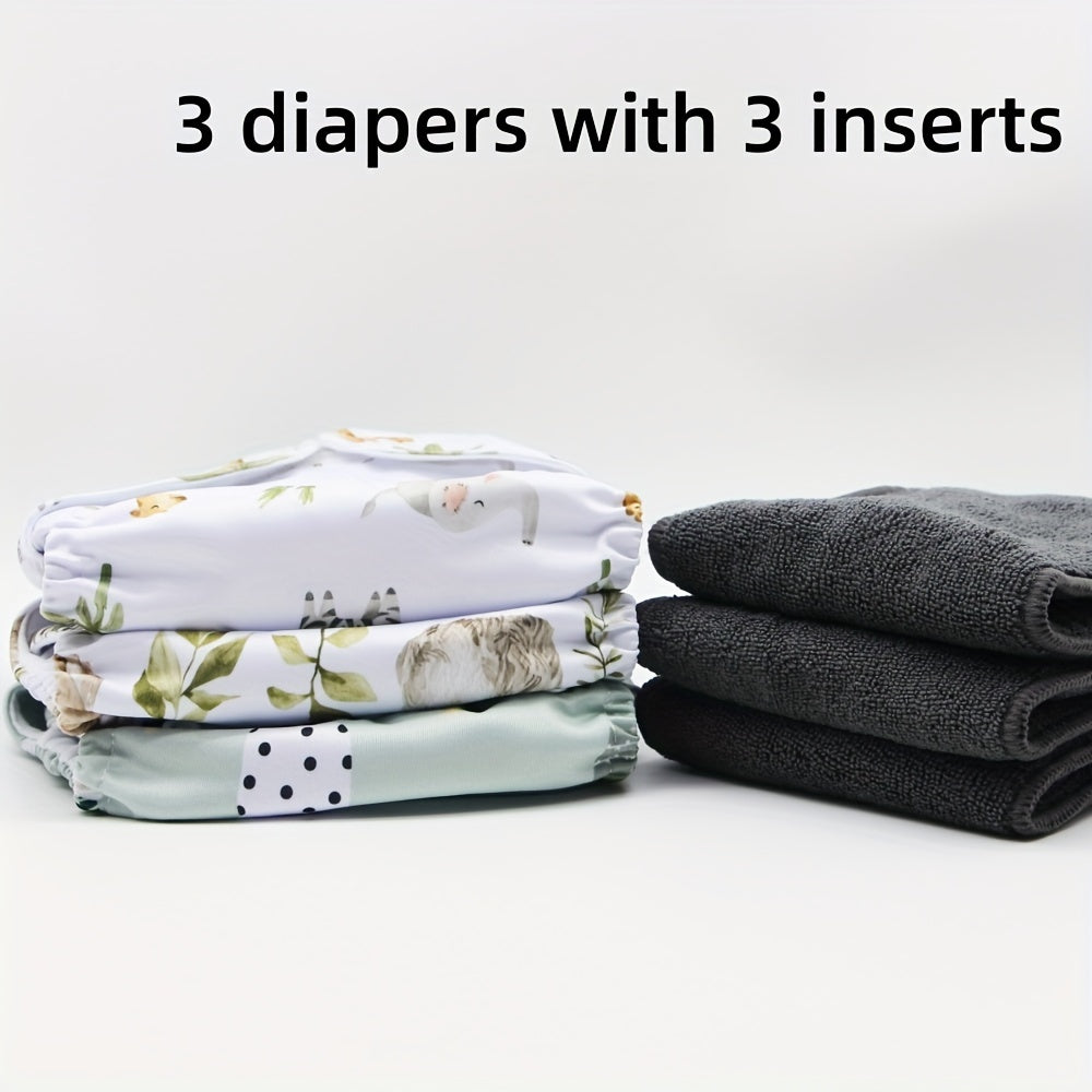 Reusable Cloth Diapers Set for Babies 0-3 Years with 3 Diapers and Inserts
