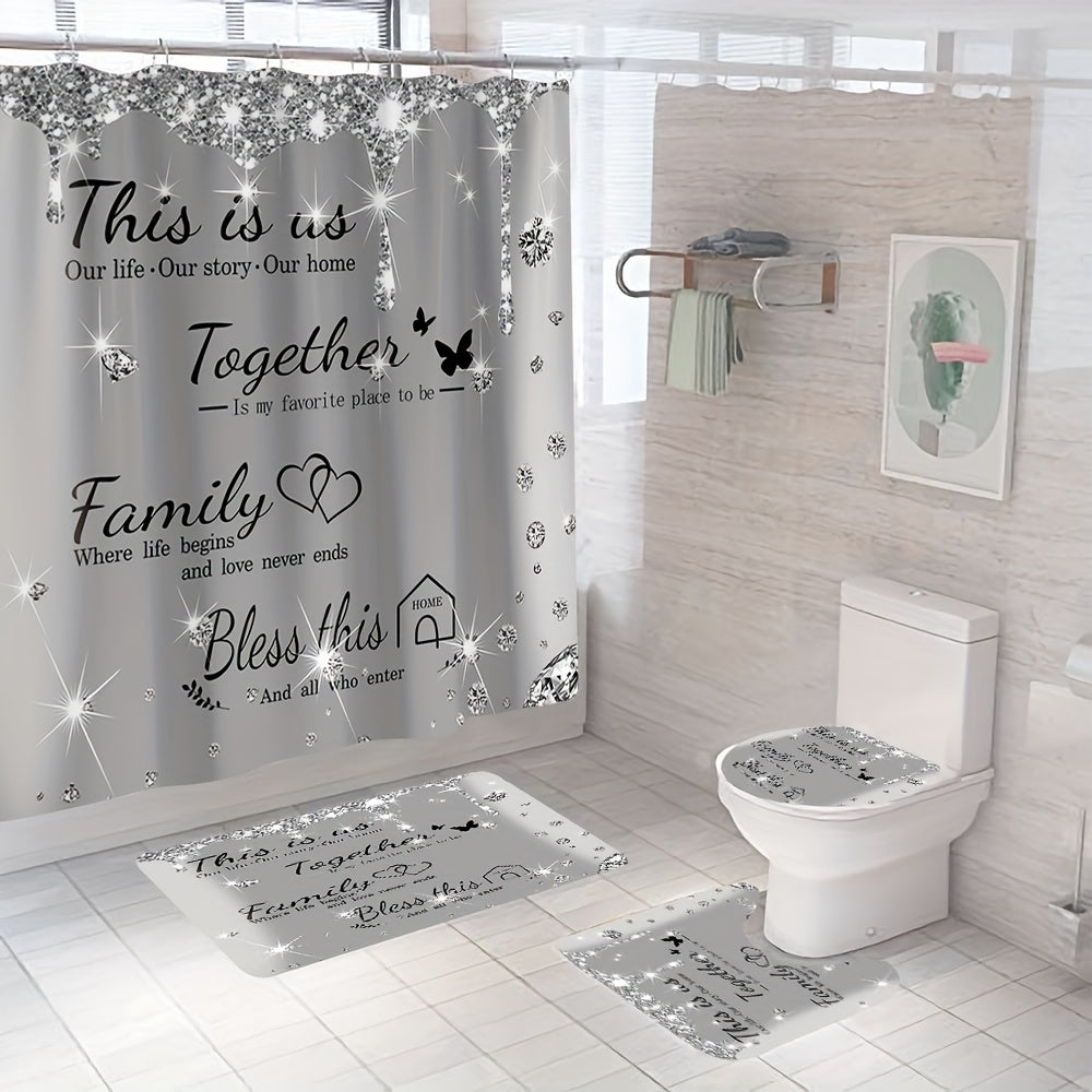 Set of 4 Gray Shower Curtains with Diamond Letter Print Bath Mats Non-Slip Carpet Toilet Lid Cover Bathtub Partition