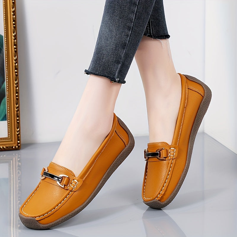 Women's Slip-On Loafers with Metal Decor Faux Leather Casual Flat Shoes