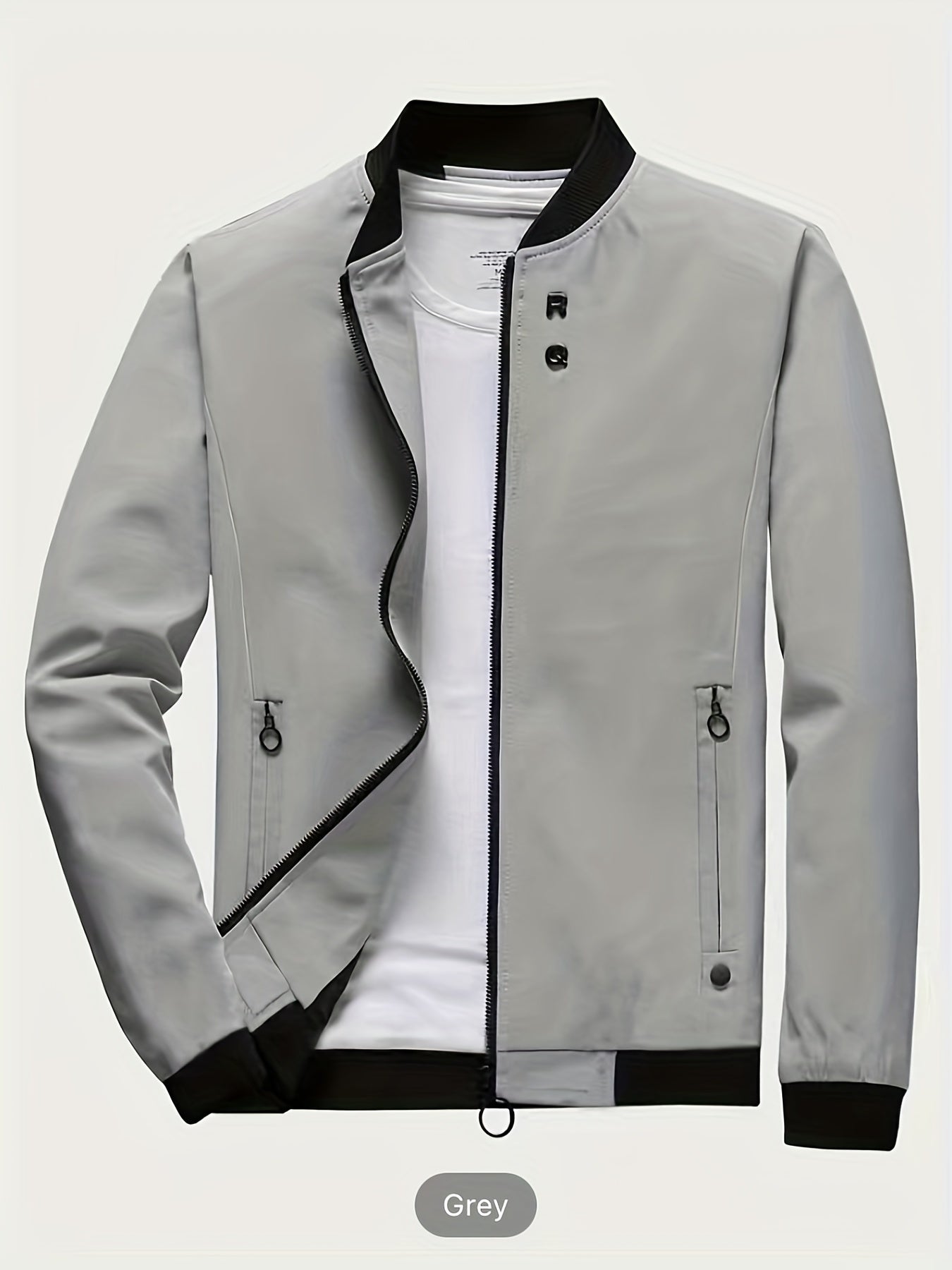 Slim Fit Casual Long-Sleeved Polyester Jacket with Zipper Stand Collar Pockets for Spring and Autumn