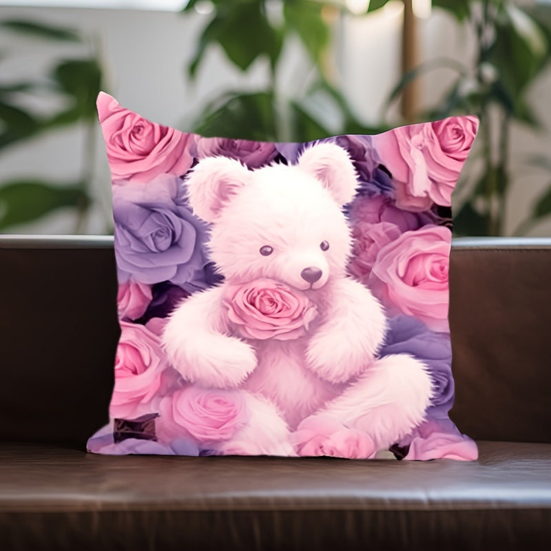 Floral Bear Cushion Cover Double-Sided Woven Polyester Zippered Decorative Pillowcase