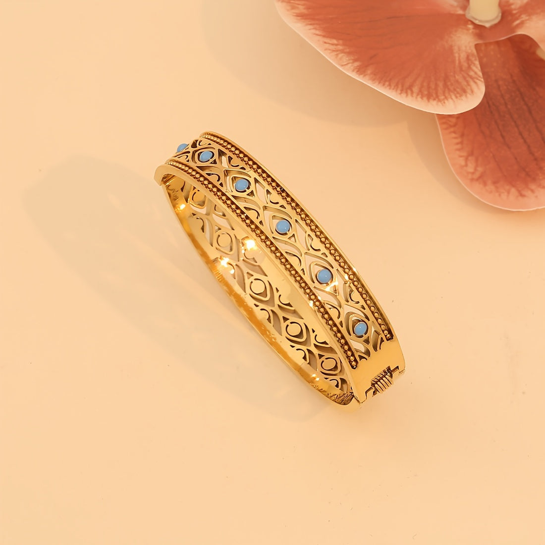 Women's Vintage Style 18K Gold Plated Stainless Steel Bracelet with Turquoise Inlay and Hollow Pattern