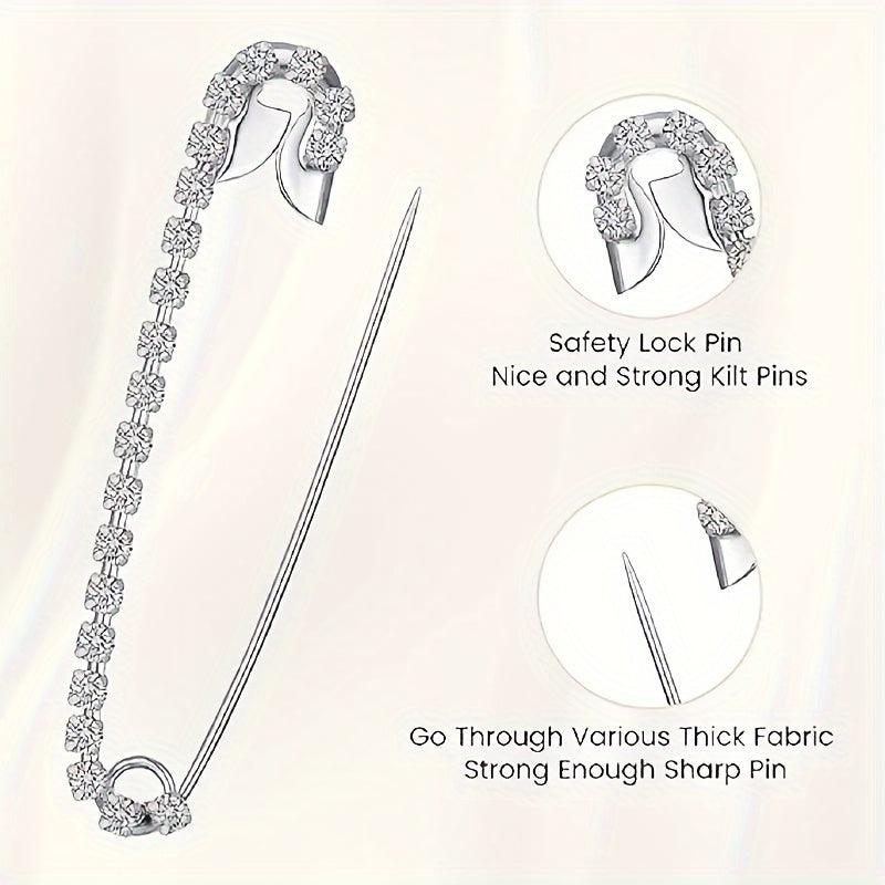 Set of Five Silver Rhinestone Safety Pins for Clothing and Accessories