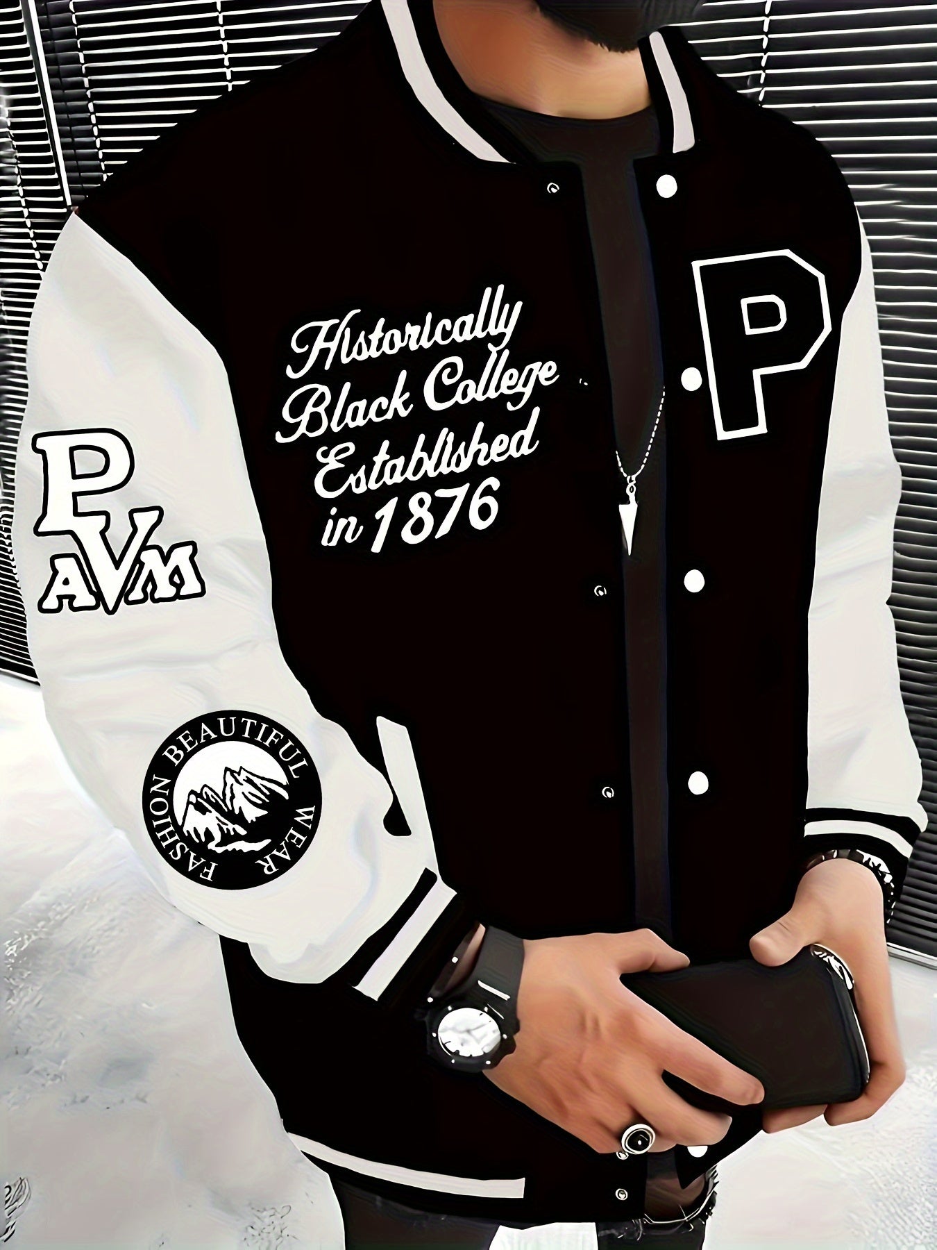 Men's Varsity Jacket in Black and Beige Polyester Snap Closure Baseball Collar Plus Size