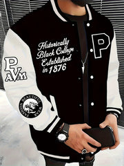 Men's Varsity Jacket in Black and Beige Polyester Snap Closure Baseball Collar Plus Size
