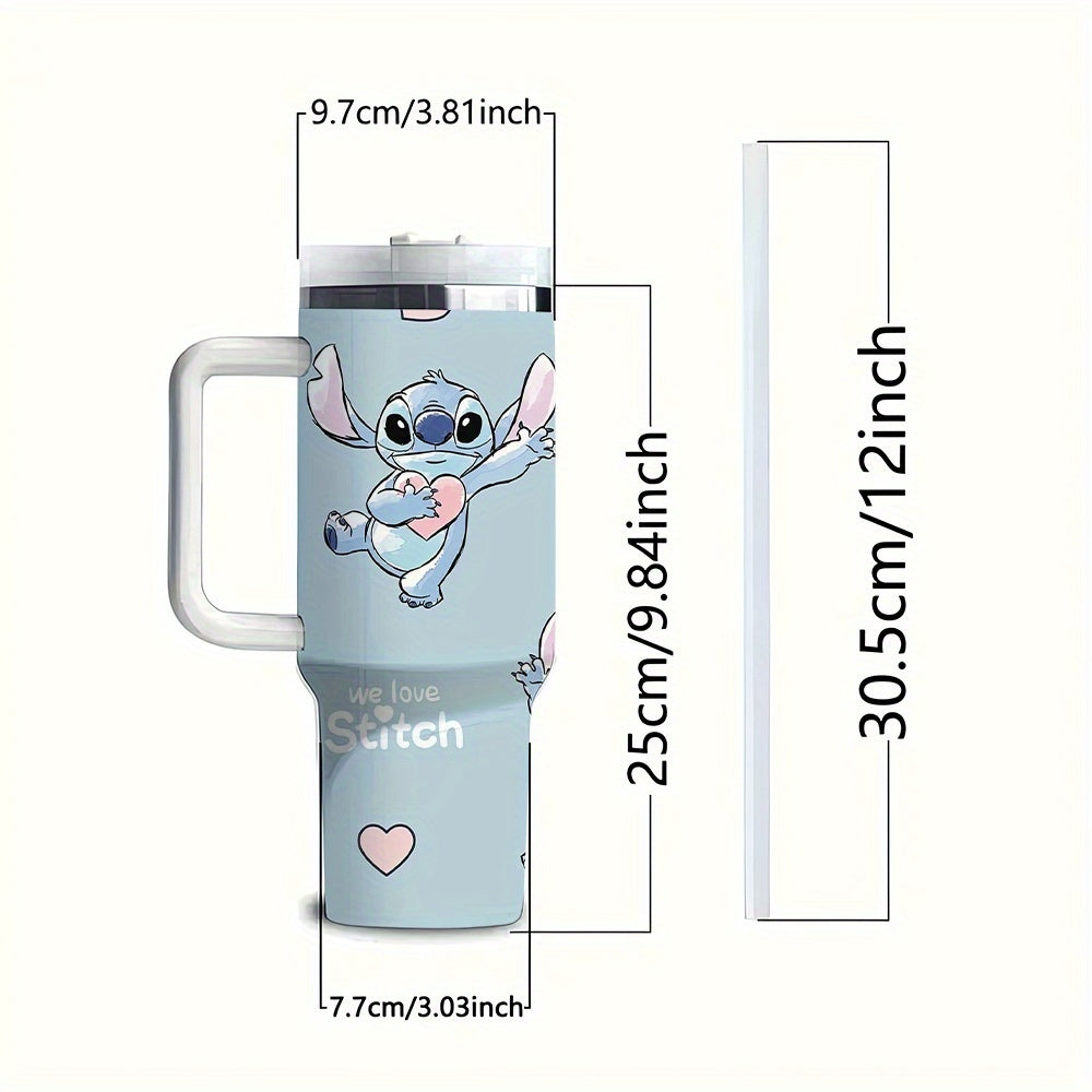 Disney Stitch 40oz zanglamas po'latdan yasalgan suv shishasi, qopqoq va solgich bilan, oqimga chidamli, ikki devorli vakuum izolyatsiyalangan, katta sig'imli, sayohat uchun mukammal.