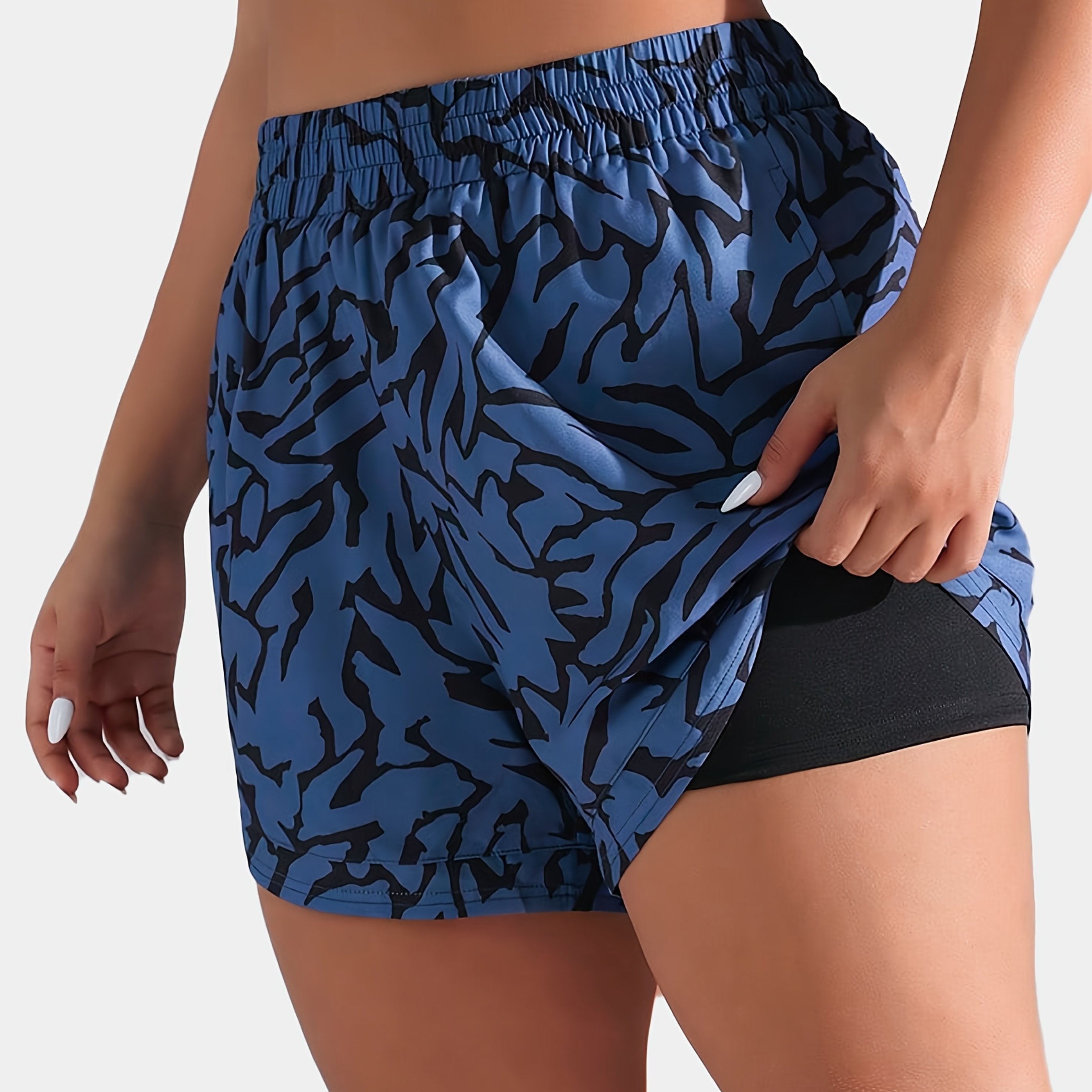 Women's Plus Size Printed Shorts with Pockets, High Stretch Fabric, Blue Abstract