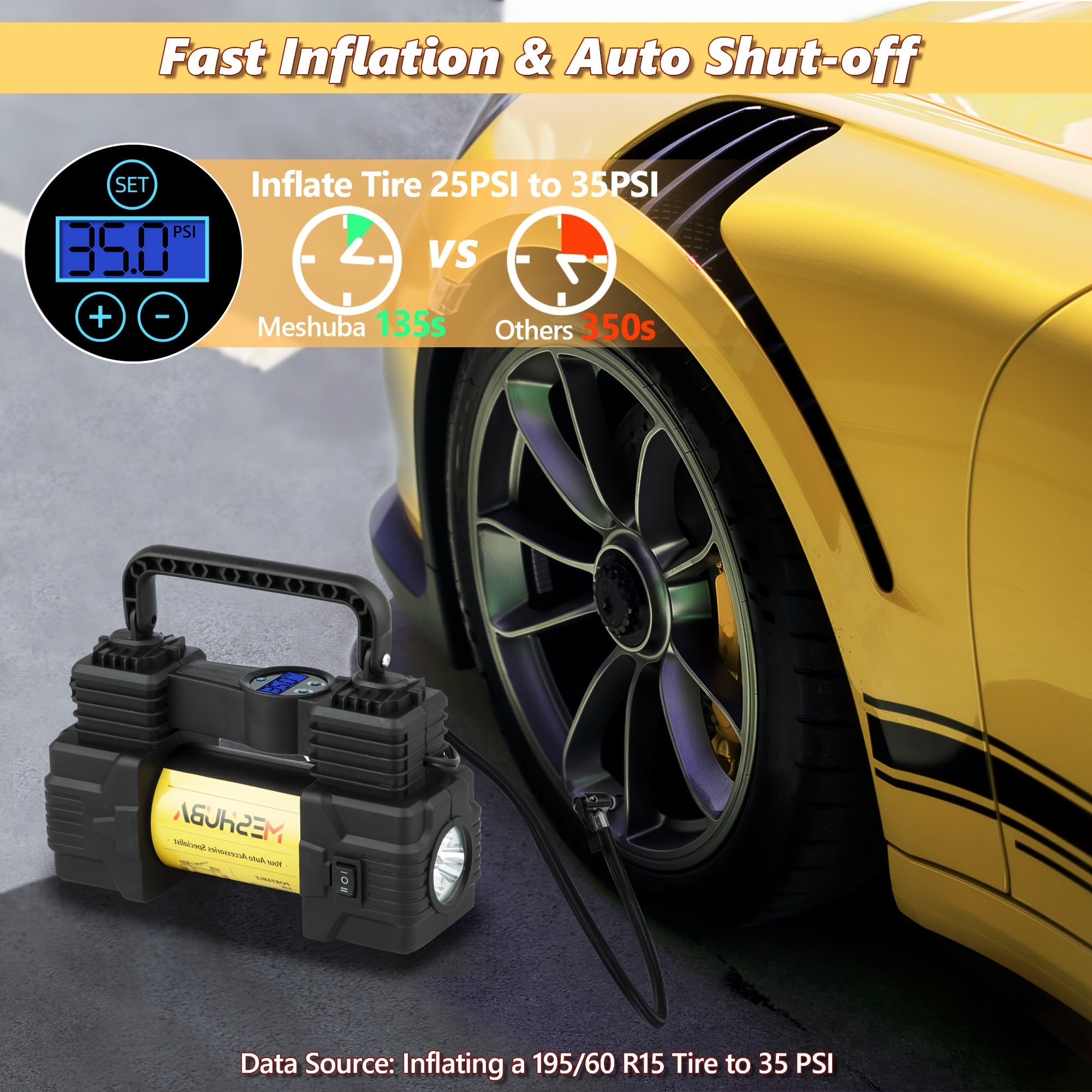 12V Portable Car Tire Inflator with Digital Pressure Gauge 150 PSI Yellow