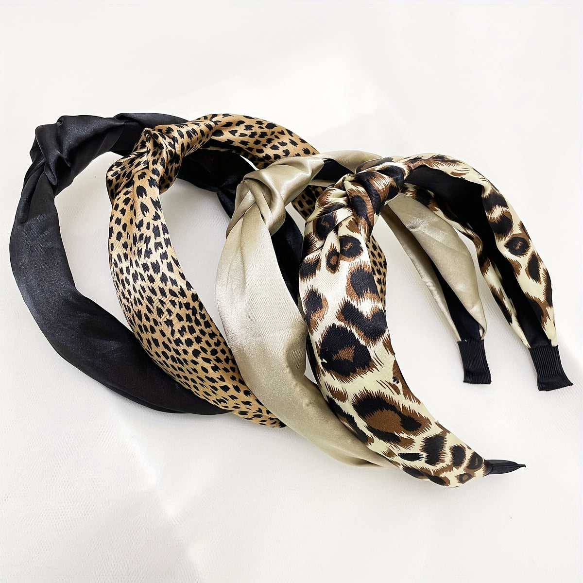 Ayollar uchun to'rt ta vintage leopard print keng qirrali bosh bandlari va tugilgan soch halqalarining to'plami