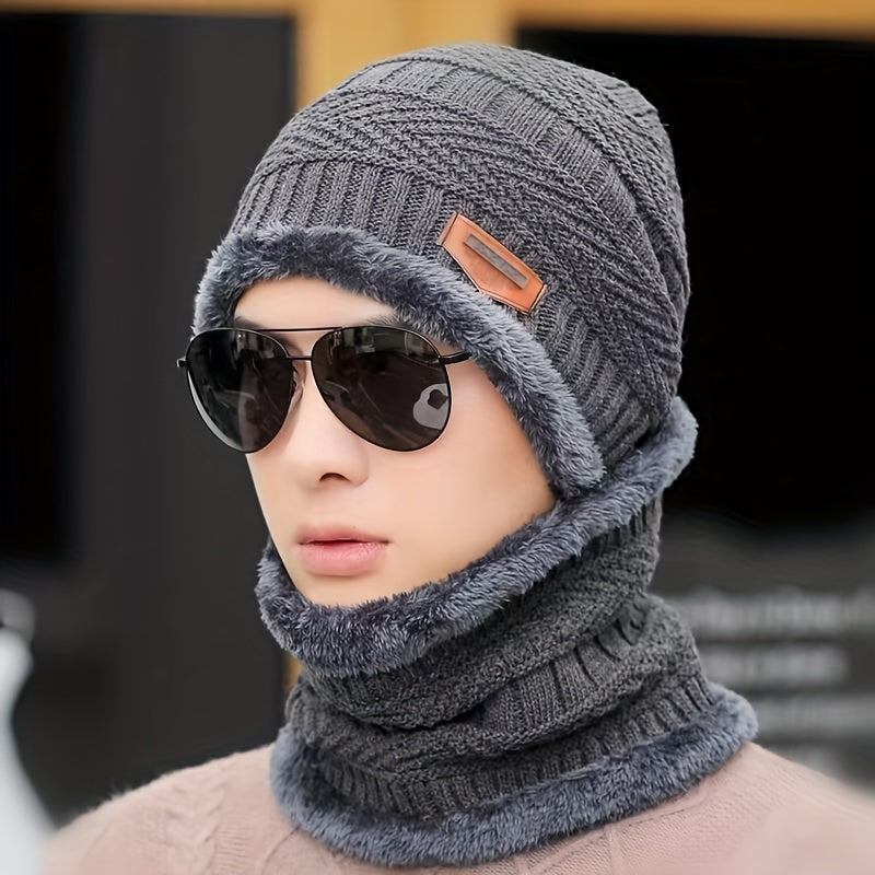 Men's Winter Outdoor Plaid Knitted Pullover Hat with Plush Thickened Scarf