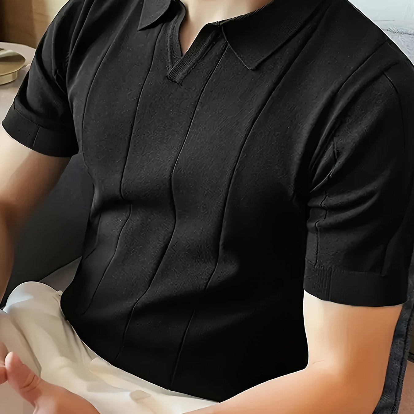Camisa polo de punto de cuello en V para hombre, diseño sólido con rayas, manga corta, verano, golf, exterior