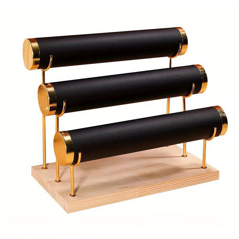 Стильная трехъярусная подставка для украшений в золотистом оттенке с деревянной основой для часов и аксессуаров