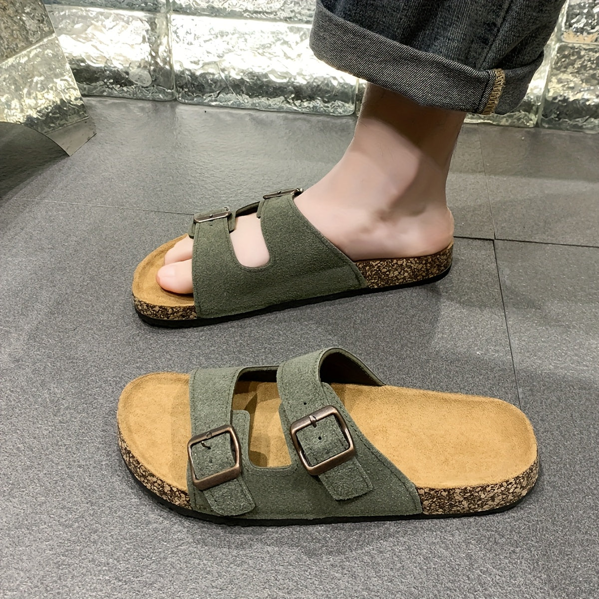 Мужские регулируемые сандалии-сланцы с двойной пряжкой, нескользящая подошва, повседневные, для улицы, четыре цвета