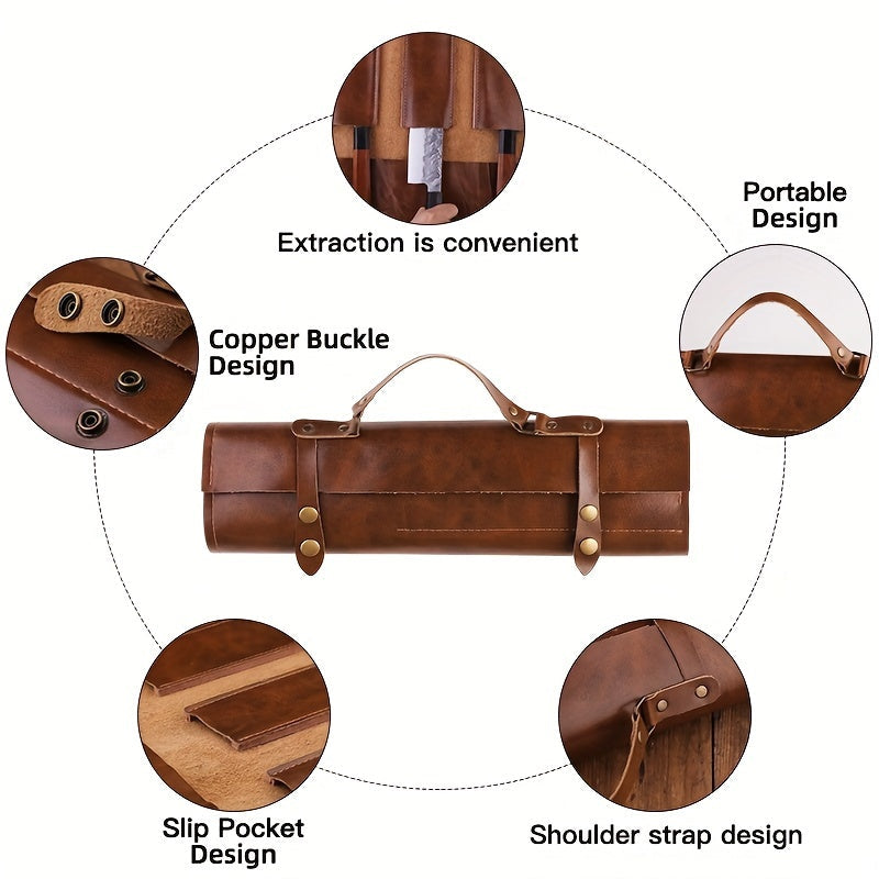 Leather Chef Knife Roll Bag Portable Folding Kitchen Tool Organizer