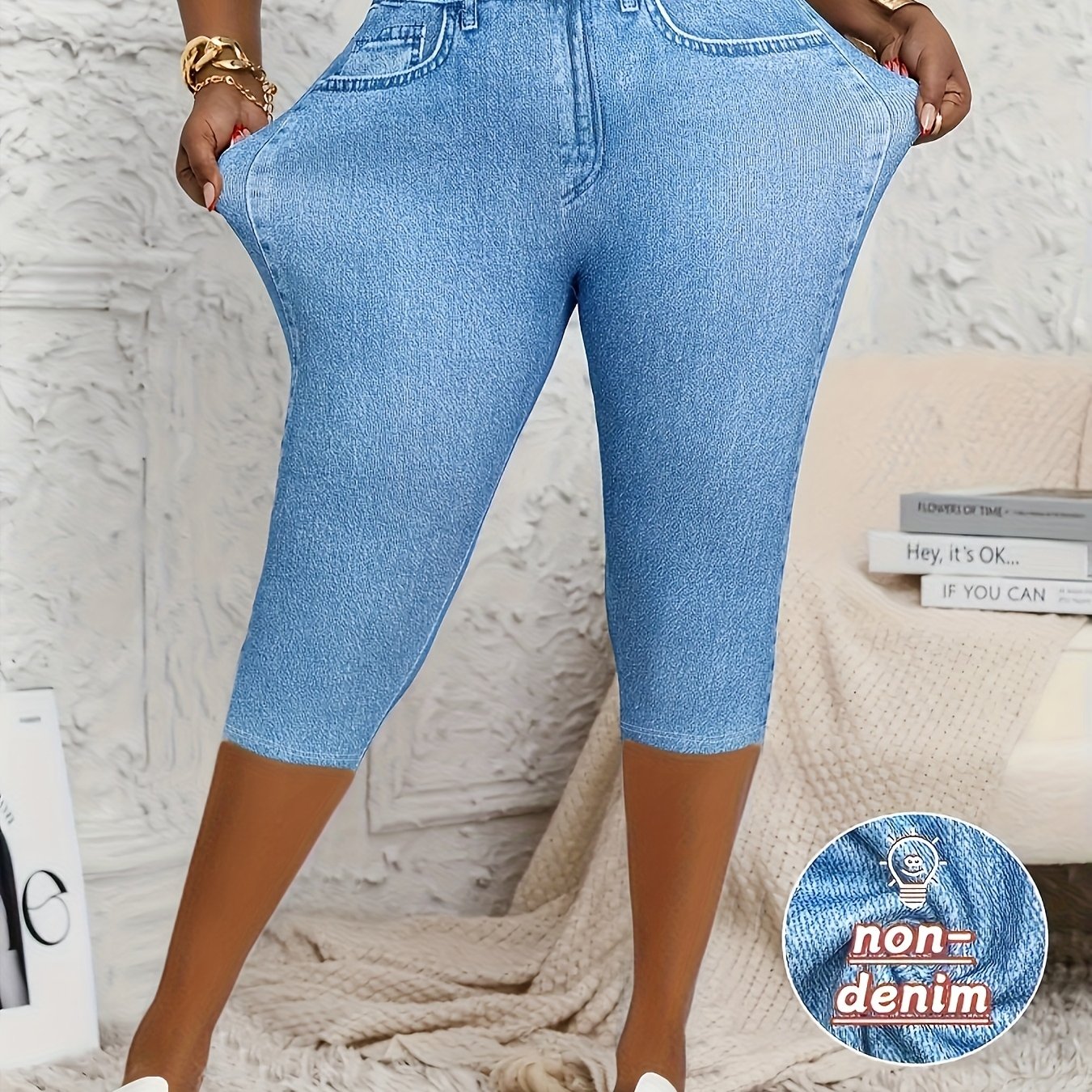 Women's Plus Size Stretchy Slim Fit Capri Pants Light Blue High Waisted
