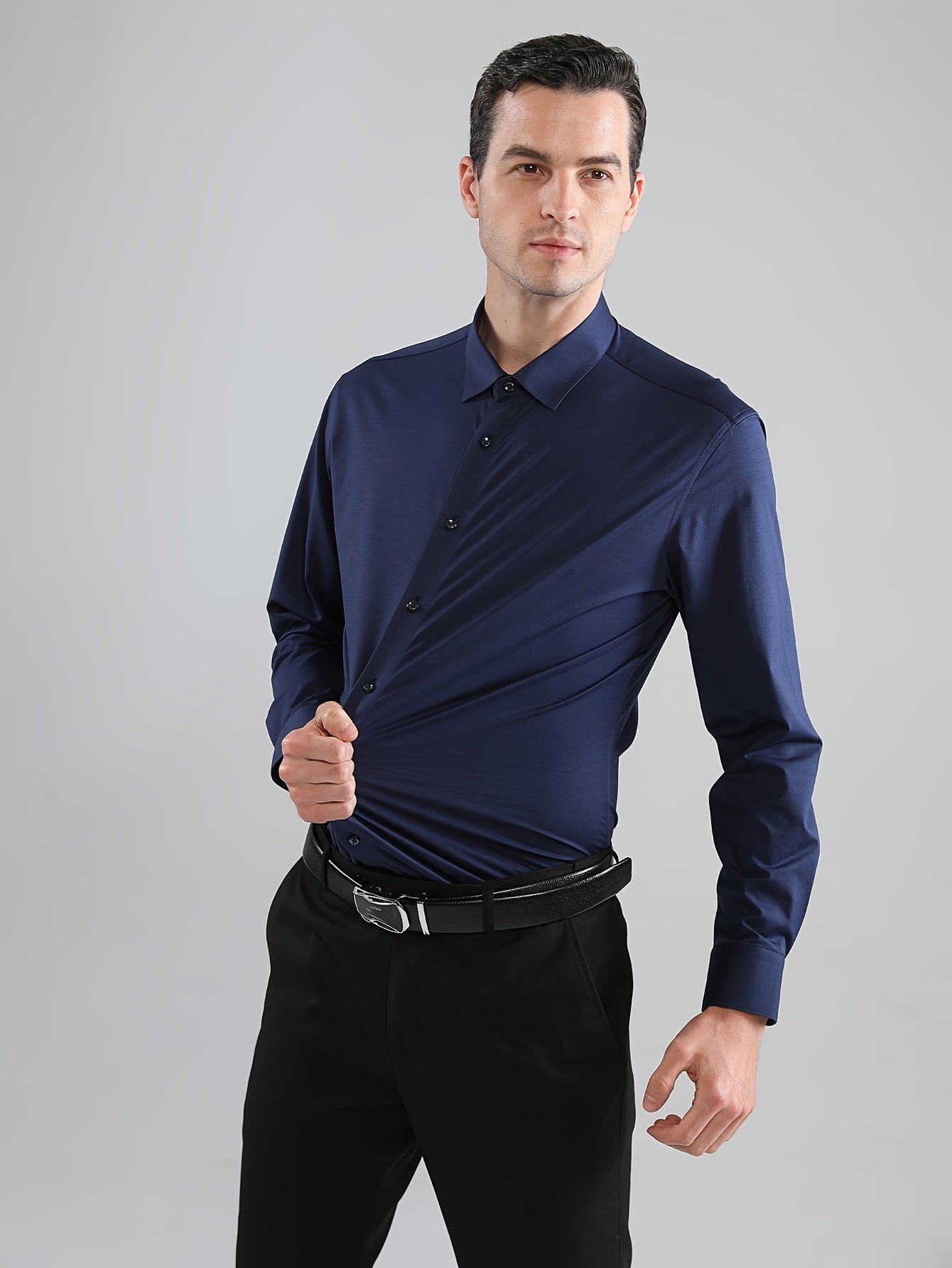 Men's Solid Color Long Sleeve Dress Shirt Stretch Polyester Business Casual Button-Up Collared