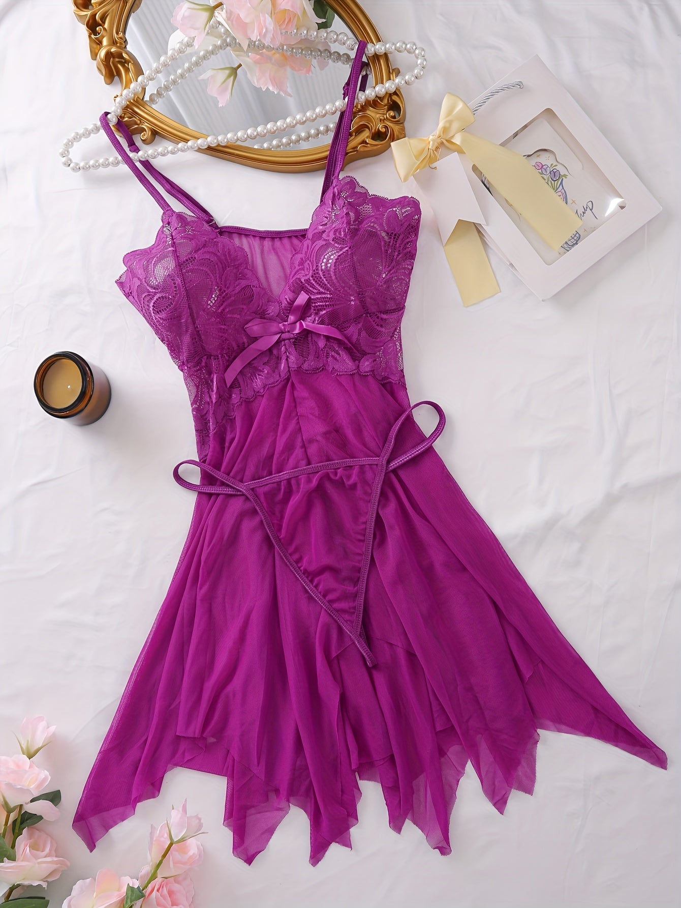 Women's Floral Lace Lingerie Set with Deep V Slip Dress and Thong