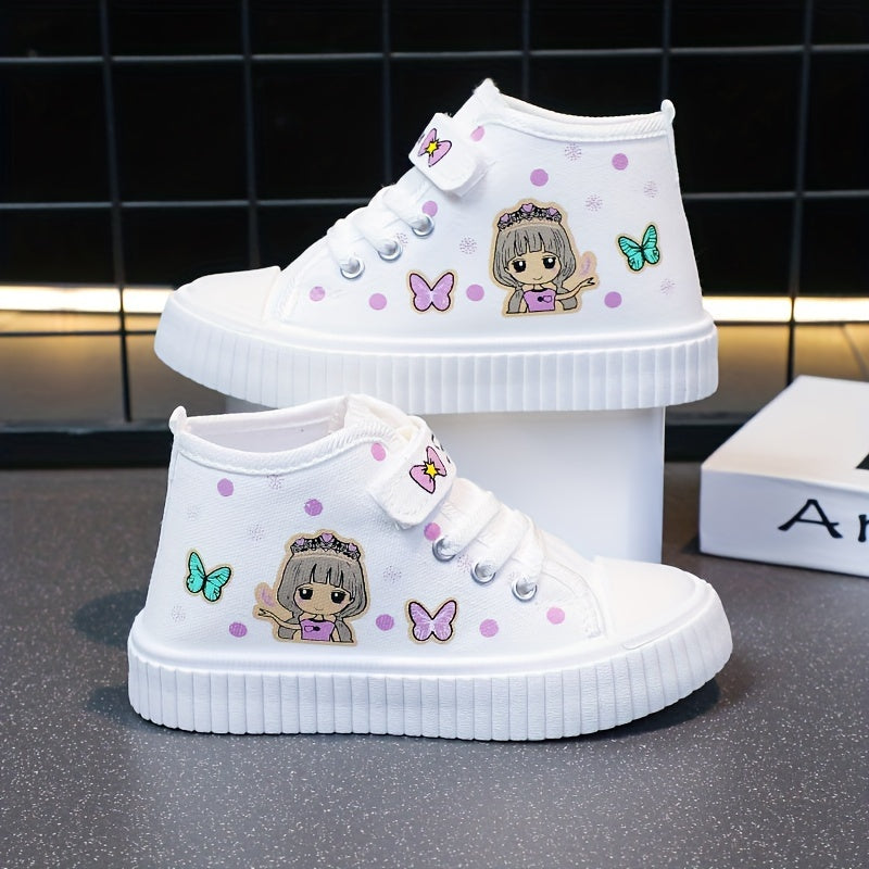 Girls' Canvas Sneakers with Cartoon Pattern, Ruffled Details, Hook-and-Loop Closure