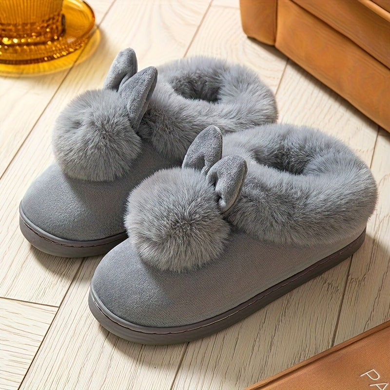 Women's Fleece-Lined Indoor Slippers with Non-Slip Soles and Fluffy Ears