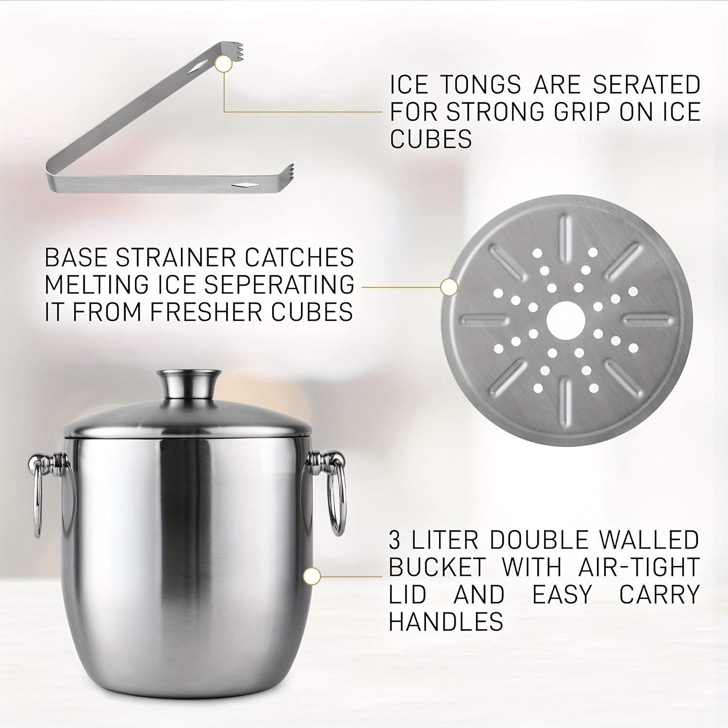 Large 3L Stainless Steel Double-Walled Ice Bucket with Lid and Tongs