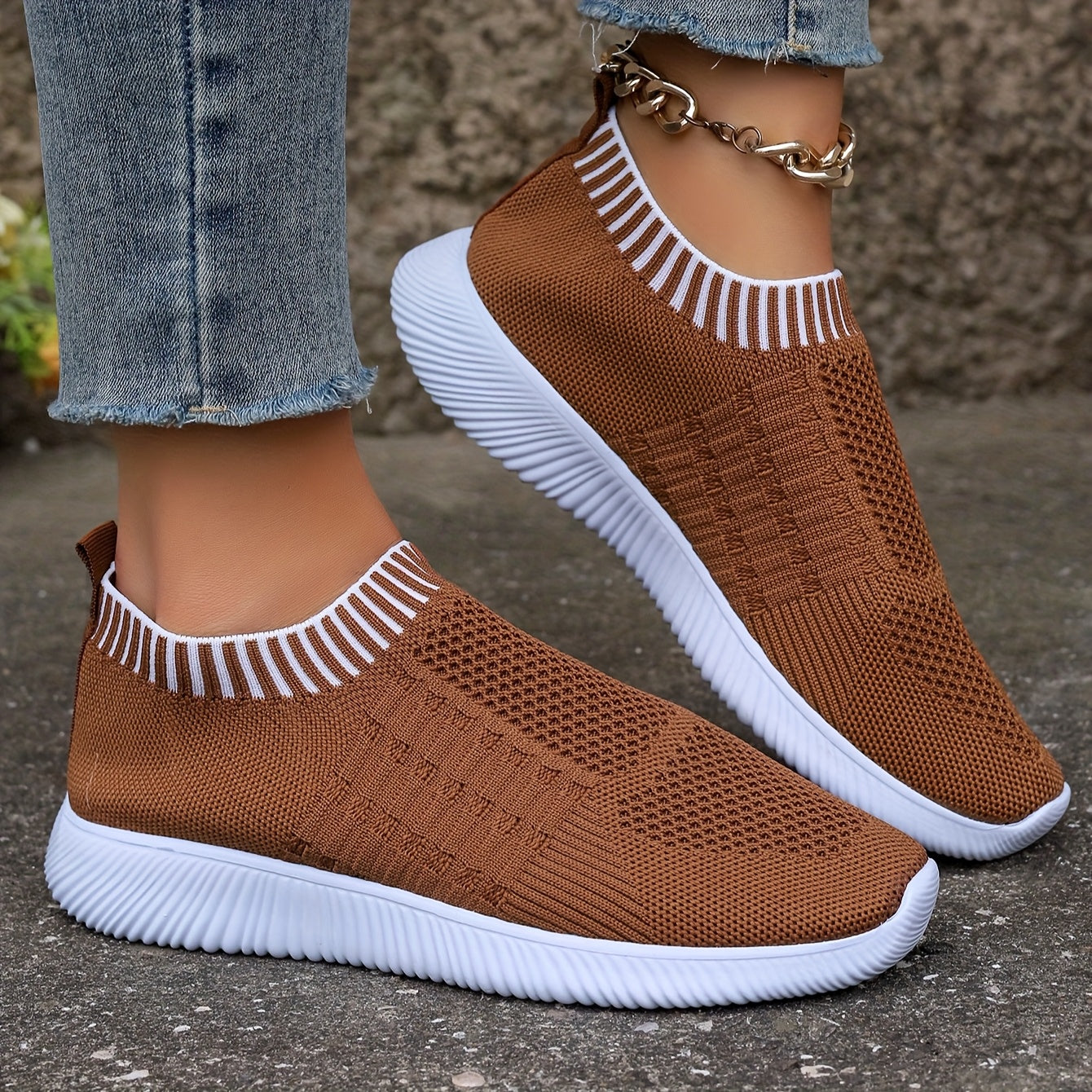 Women's Breathable Knit Flats Casual Mary Jane Shoes with EVA Sole Brown