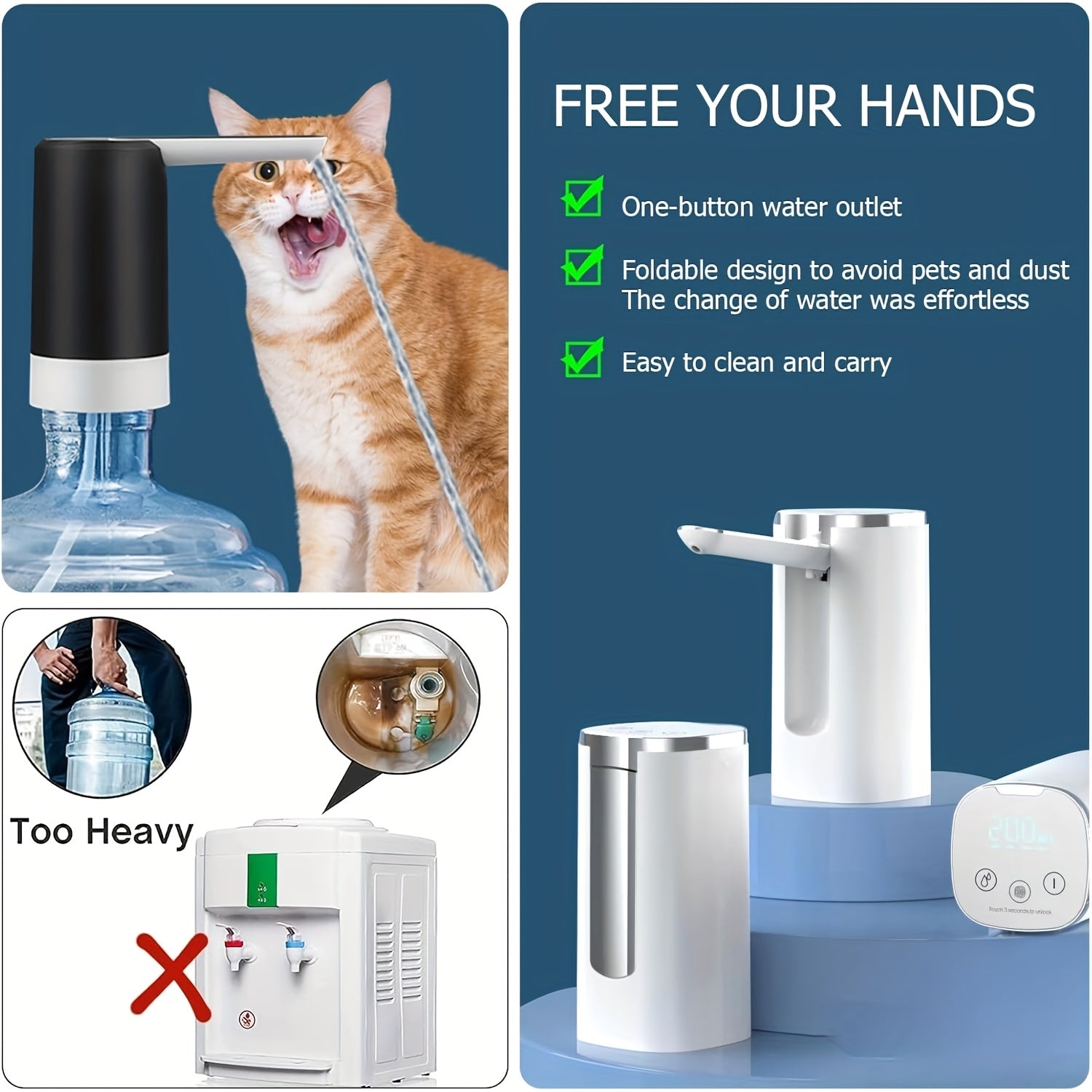 Портативный автоматический водораздатчик для бутылок объемом 18,93 л, зарядка через USB, для дома, офиса, кемпинга, путешествий