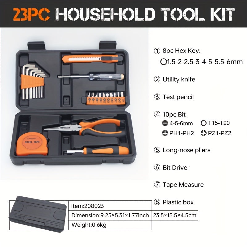 23-Piece Home Repair Tool Kit in Plastic Case Manual Hardware Tools Household Maintenance