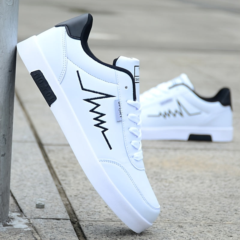 Erkaklar uchun oq skeytbord poyabzallari, ko'chada yurish uchun bog'ichli pastki krossovkalar, minimalist uslubda sun'iy yuqori qismi, mato astar, PVC taglik, mato ichki qismi, dumaloq barmoq.