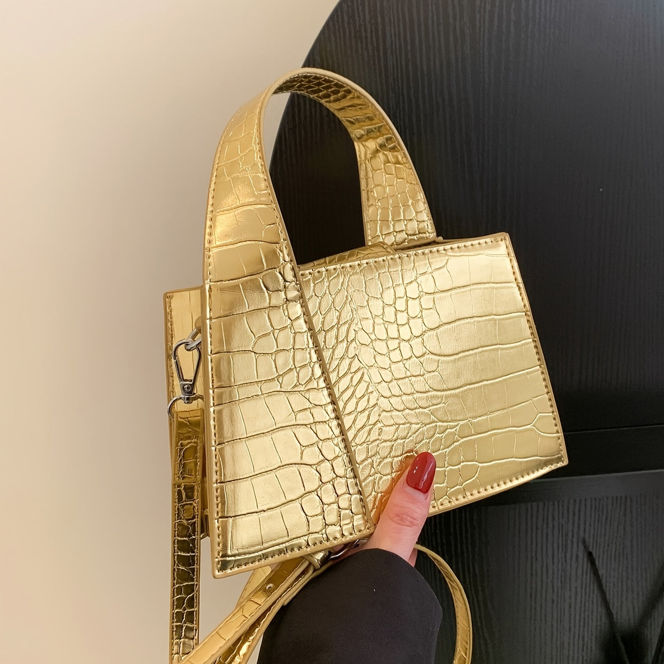 Crocodile Print Synthetic Leather Handbag with Snap Button Closure for Women