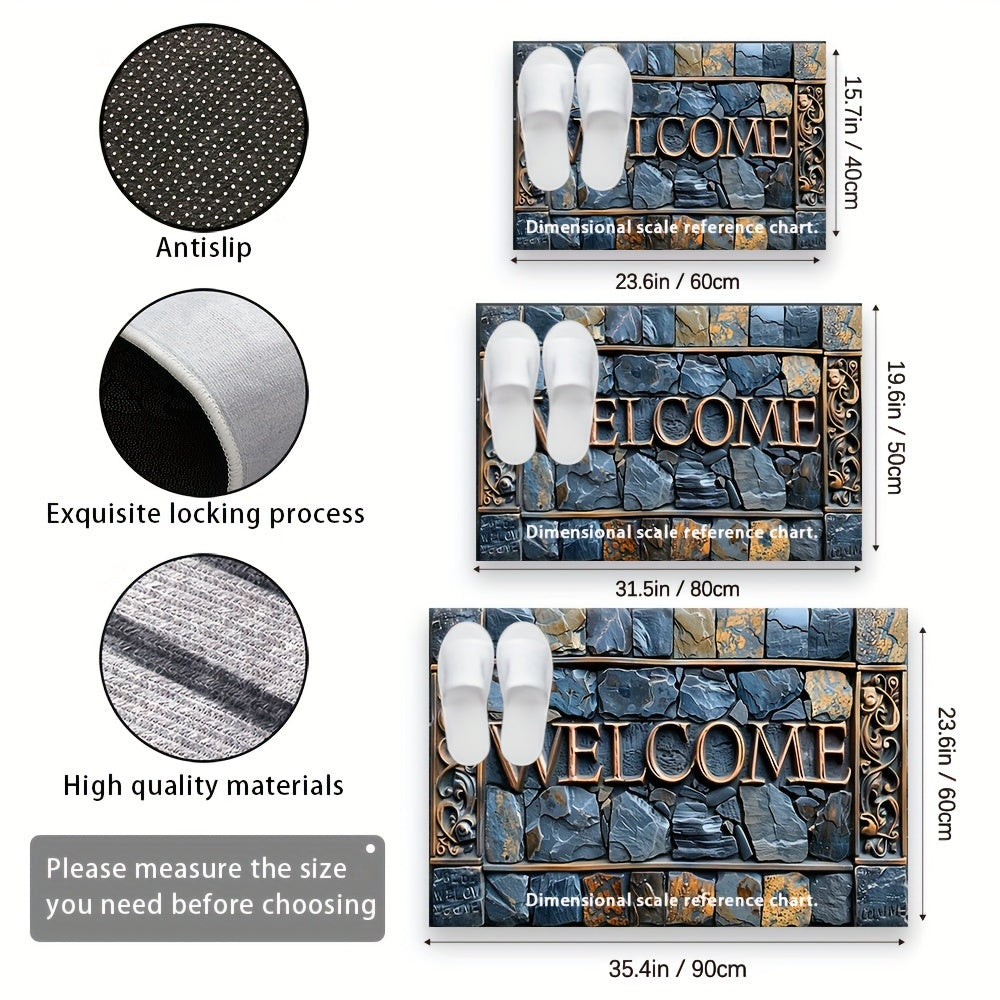3D Stone Pattern Cobblestone Welcome Mat Waterproof Non-Slip Polyester Entryway Rug