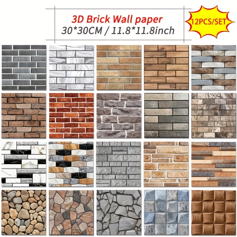 12 Self-Adhesive 3D Wall Panel Tiles for Living Room Bathroom Decor Glossy Waterproof