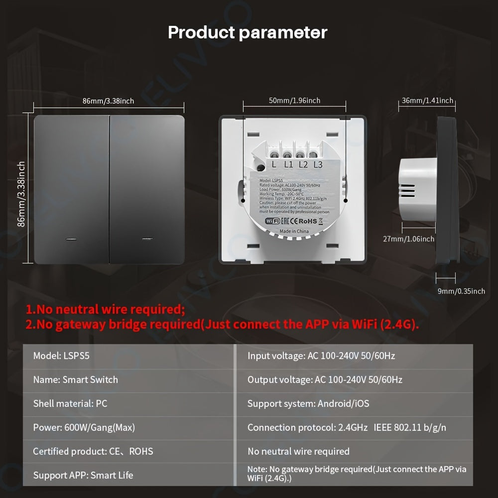 Interruptor inteligente Wi-Fi empotrado con control por app y voz para automatización del hogar