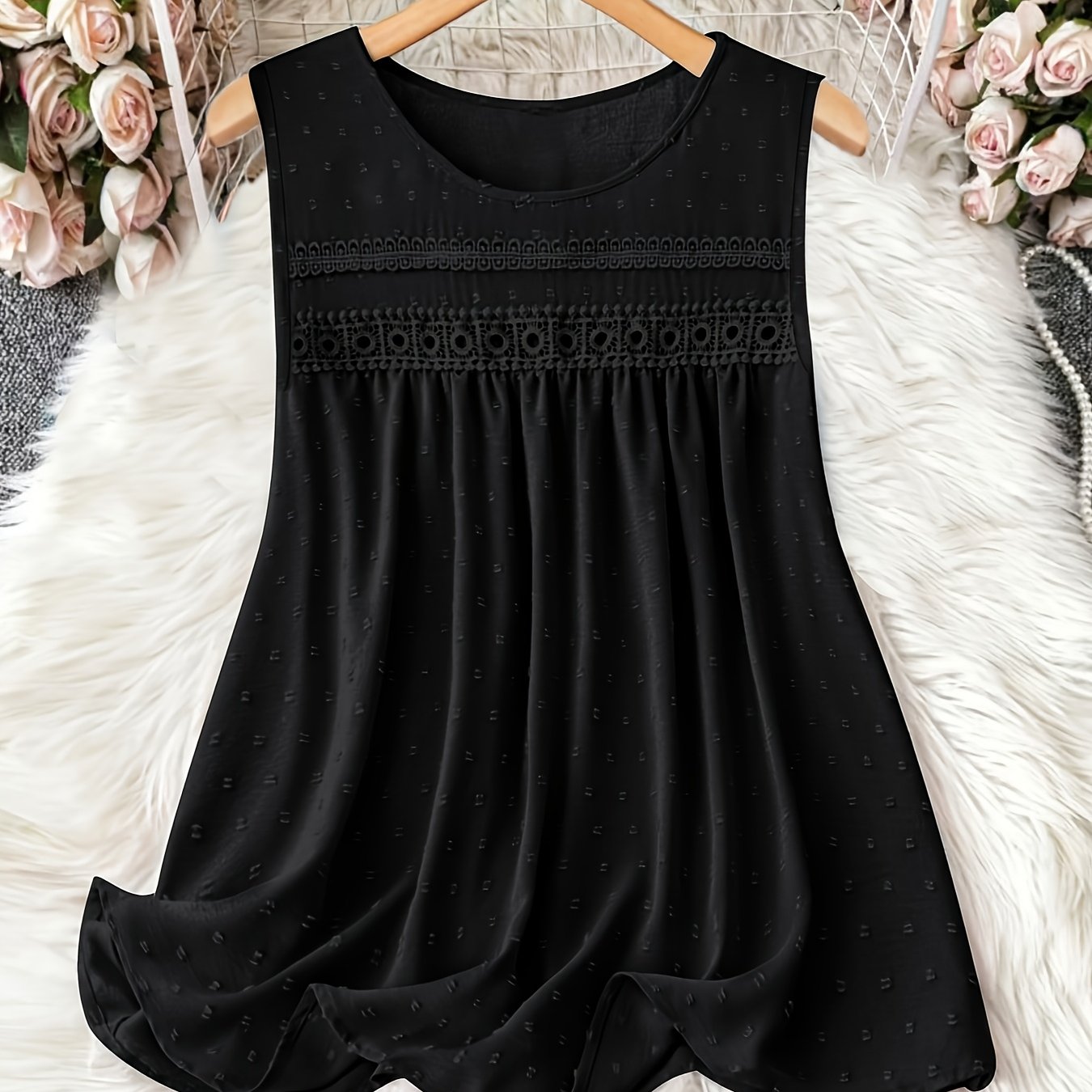 Топ без рукавов женский с кружевной отделкой больших размеров, темно-синий, дышащий, для всех сезонов